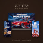 The AMBITION Line: wallpapers shown on a laptop and two phone lock screens