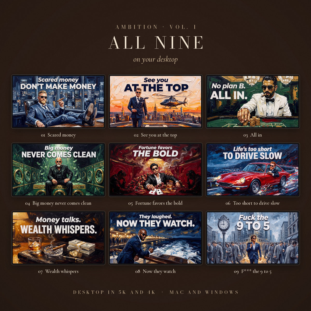 AMBITION Vol. 1 – The Life: all nine wallpapers on desktop screens