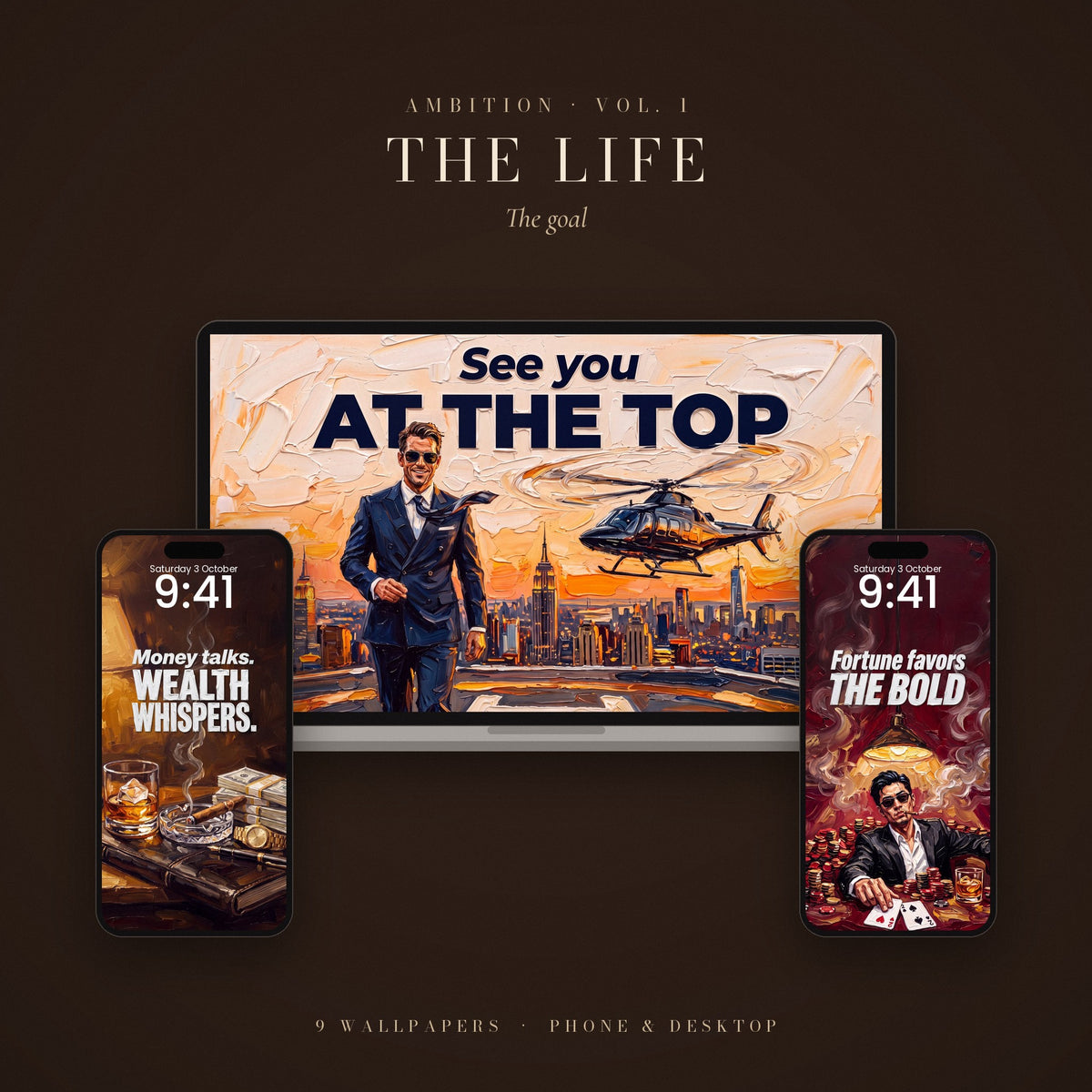 AMBITION Vol. 1 – The Life: wallpapers shown on a laptop and two phone lock screens