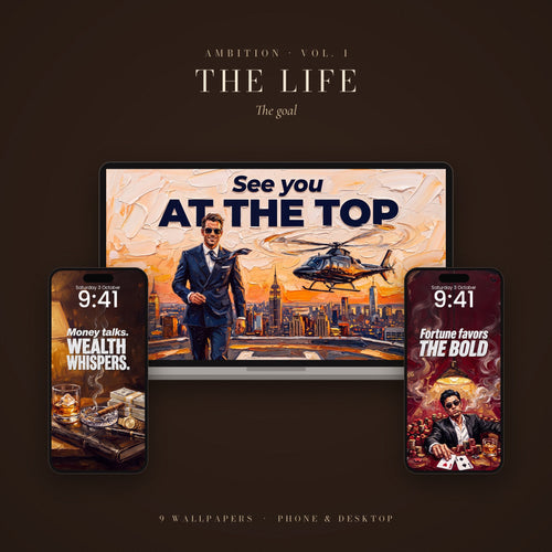 AMBITION Vol. 1 – The Life: wallpapers shown on a laptop and two phone lock screens