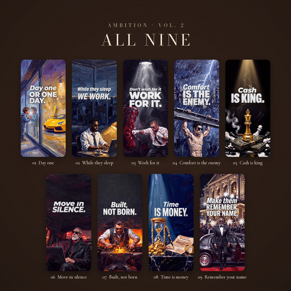 AMBITION Vol. 2 – The Grind: all nine wallpapers side by side