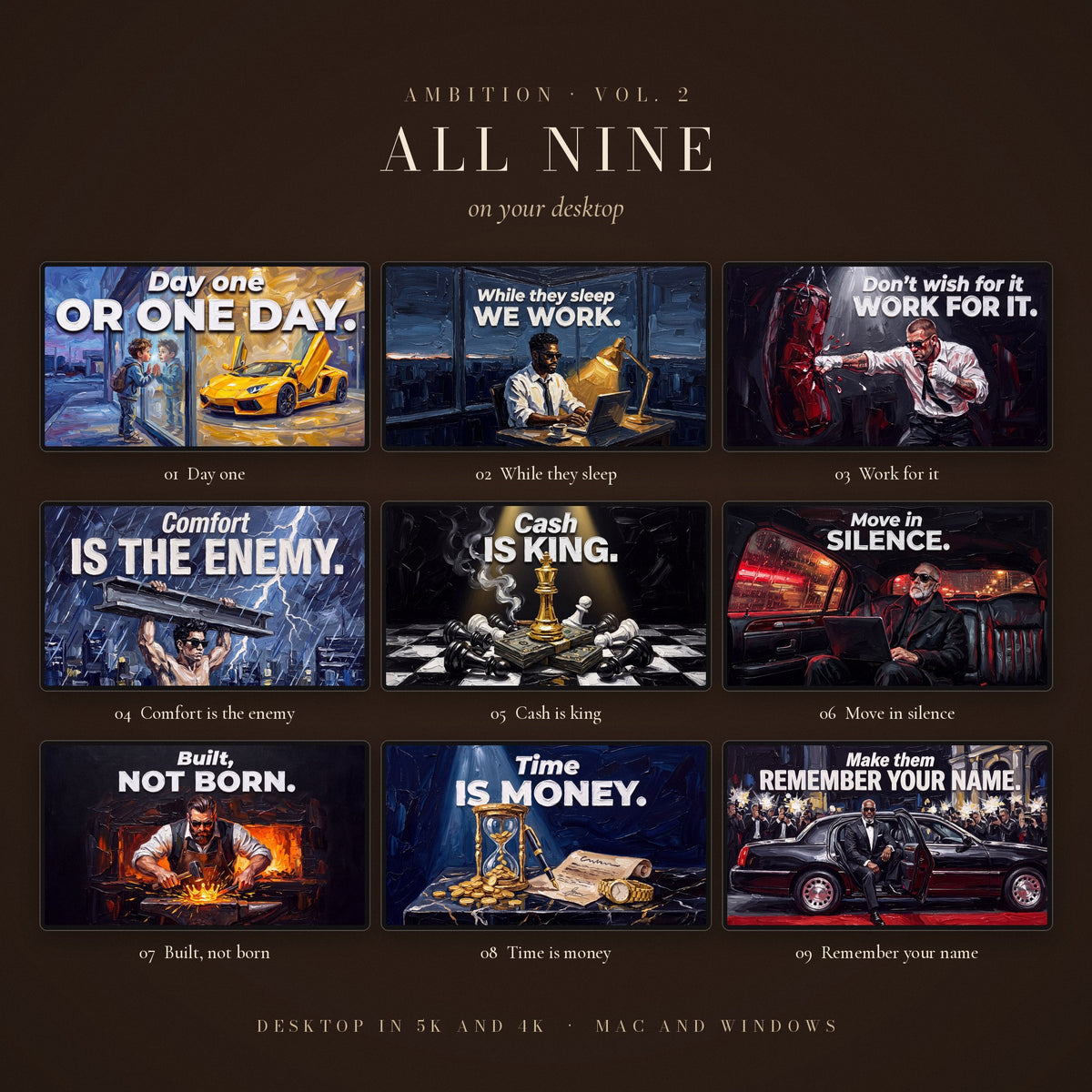 AMBITION Vol. 2 – The Grind: all nine wallpapers on desktop screens