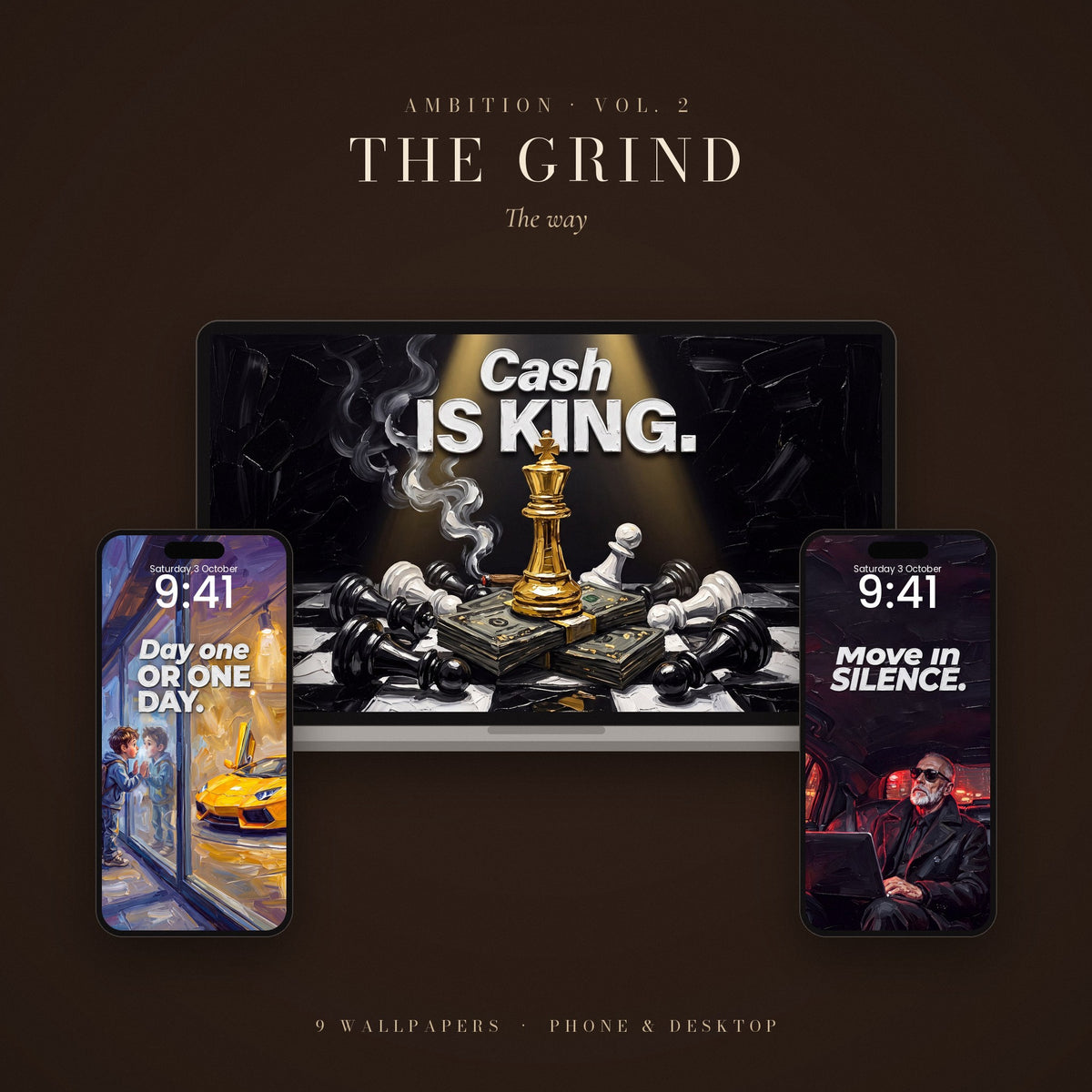 AMBITION Vol. 2 – The Grind: wallpapers shown on a laptop and two phone lock screens