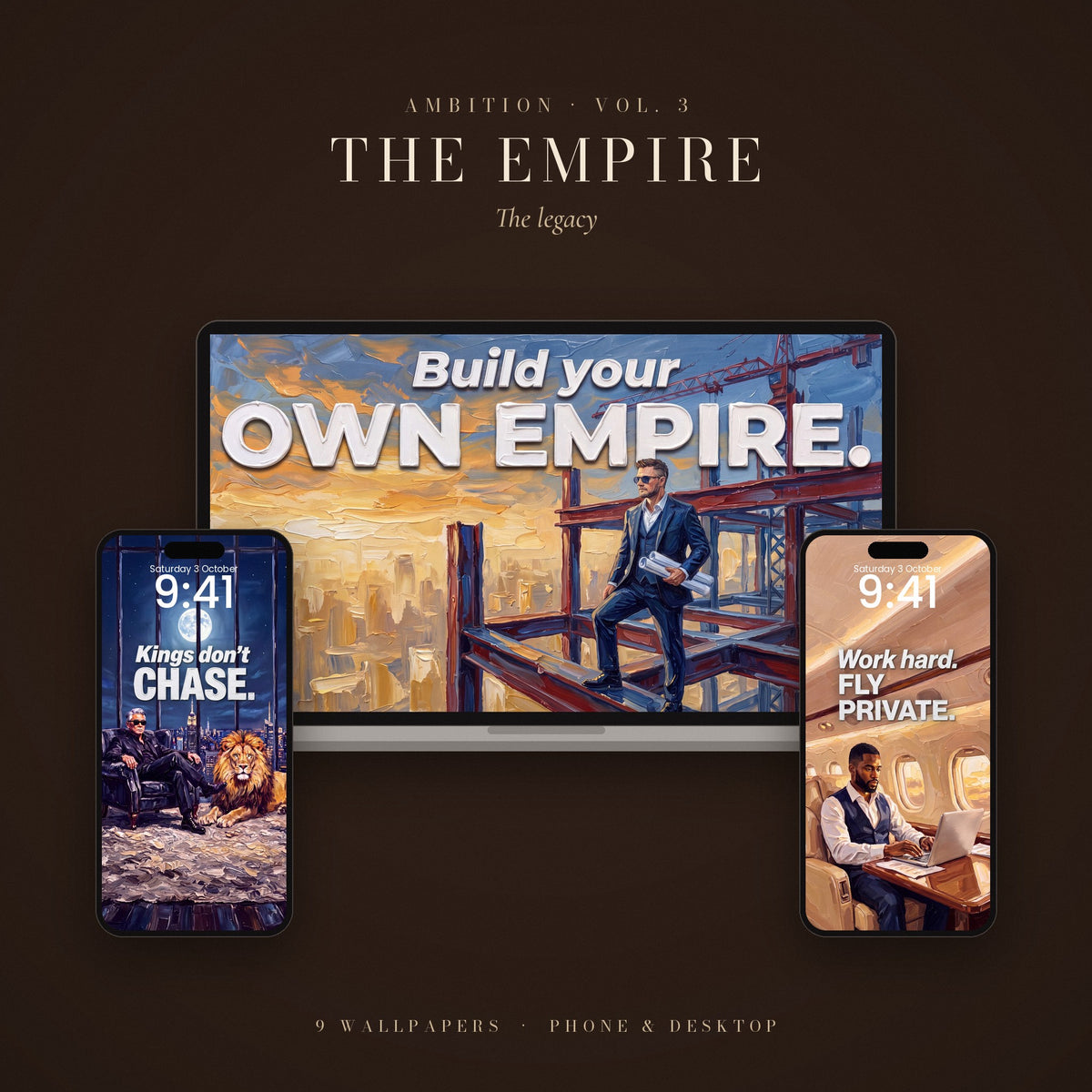 AMBITION Vol. 3 – The Empire: wallpapers shown on a laptop and two phone lock screens