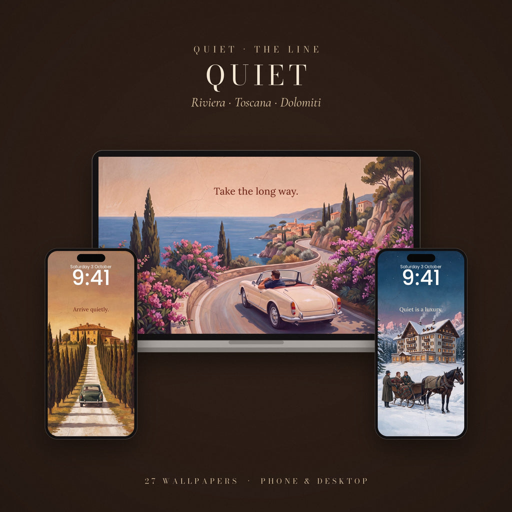 The QUIET Line: wallpapers shown on a laptop and two phone lock screens