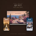 The QUIET Line: wallpapers shown on a laptop and two phone lock screens