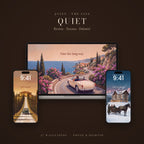 The QUIET Line: wallpapers shown on a laptop and two phone lock screens