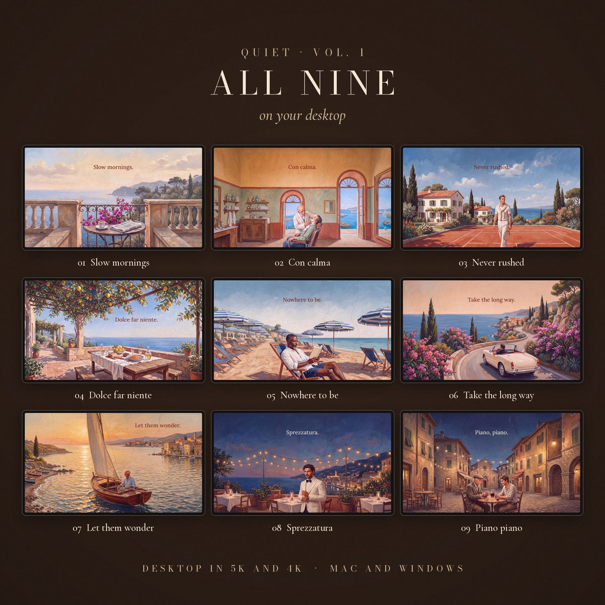 QUIET Vol. 1 – Riviera: all nine wallpapers on desktop screens