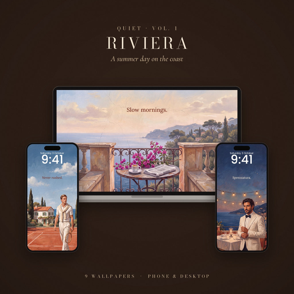 QUIET Vol. 1 – Riviera: wallpapers shown on a laptop and two phone lock screens