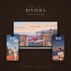 QUIET Vol. 1 – Riviera: wallpapers shown on a laptop and two phone lock screens