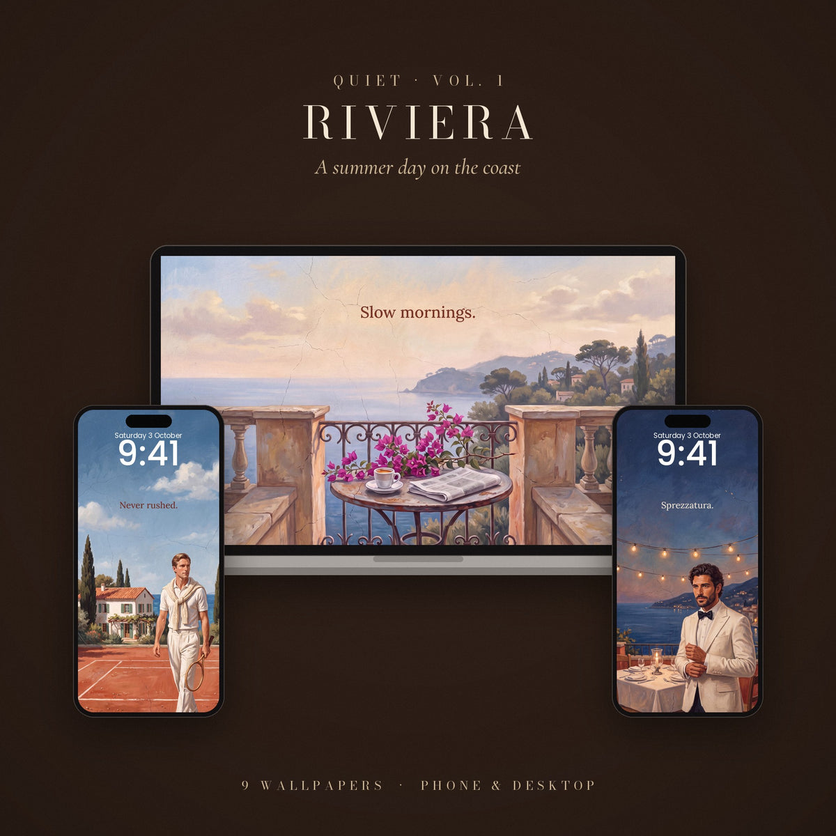 QUIET Vol. 1 – Riviera: wallpapers shown on a laptop and two phone lock screens