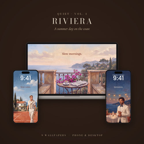 QUIET Vol. 1 – Riviera: wallpapers shown on a laptop and two phone lock screens