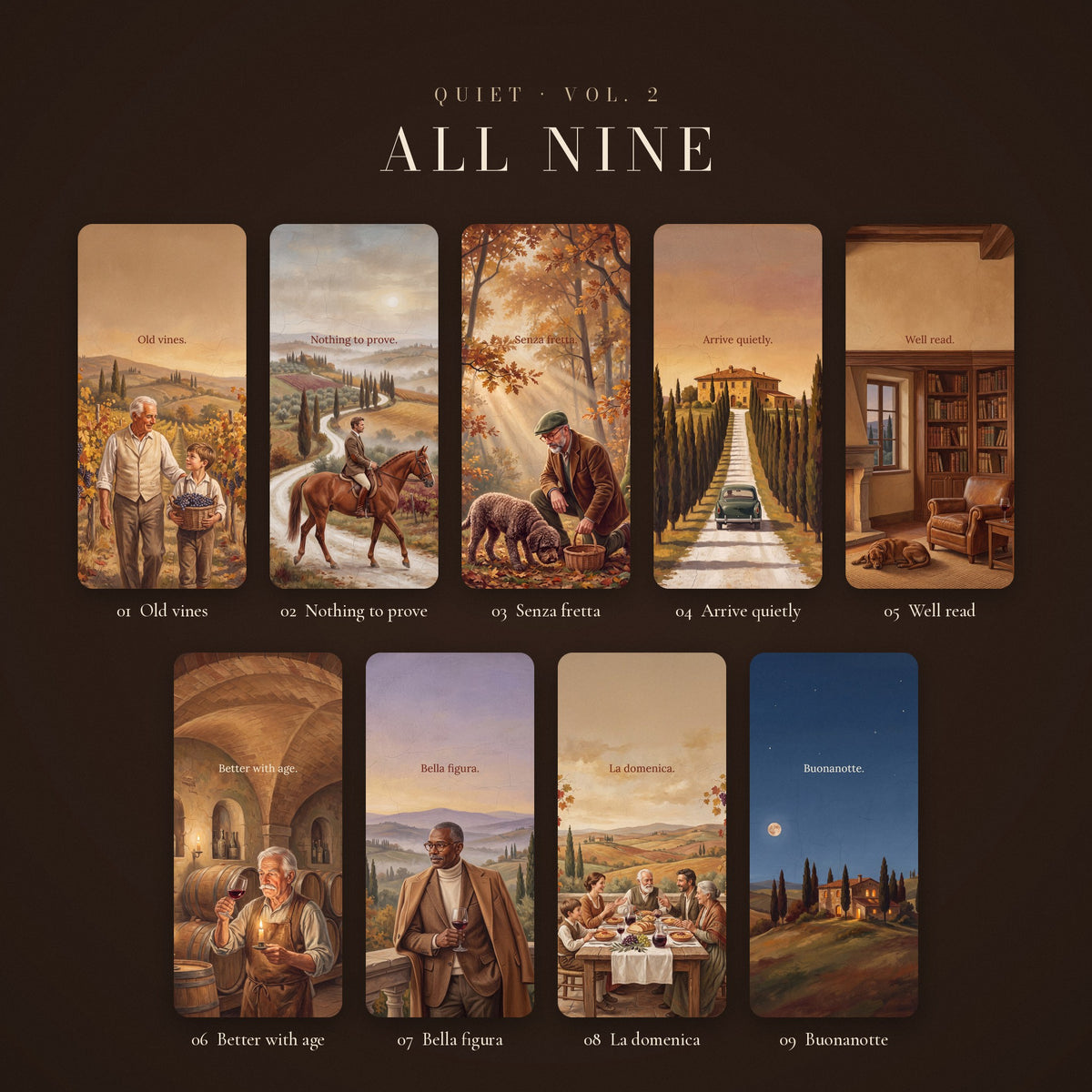 QUIET Vol. 2 – Toscana: all nine wallpapers side by side