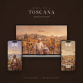 QUIET Vol. 2 – Toscana: wallpapers shown on a laptop and two phone lock screens