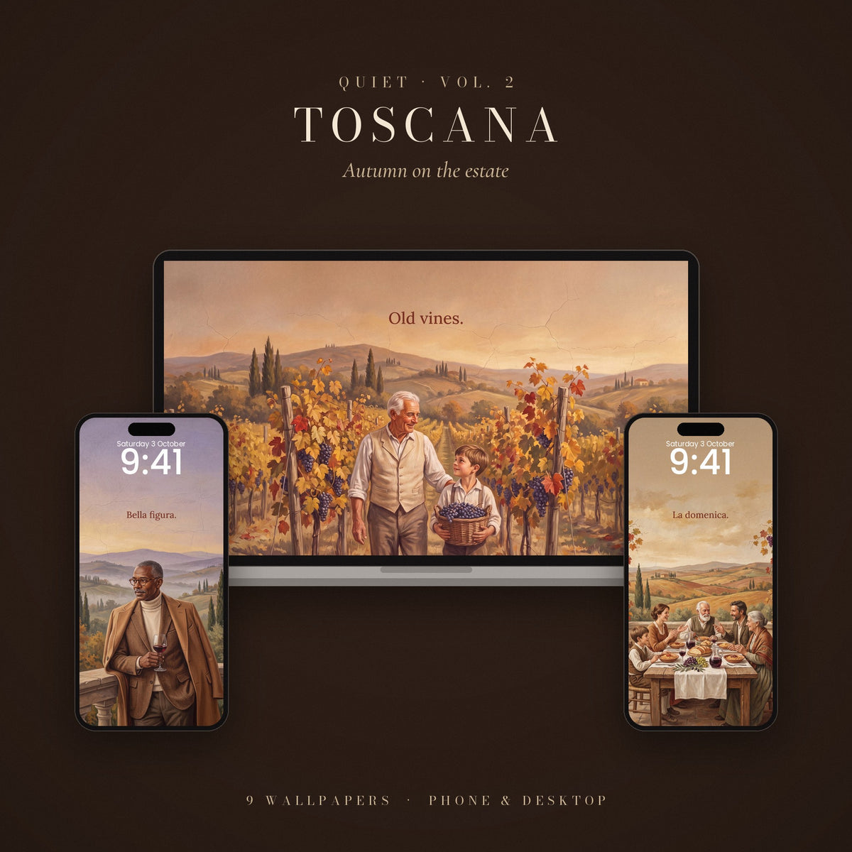 QUIET Vol. 2 – Toscana: wallpapers shown on a laptop and two phone lock screens