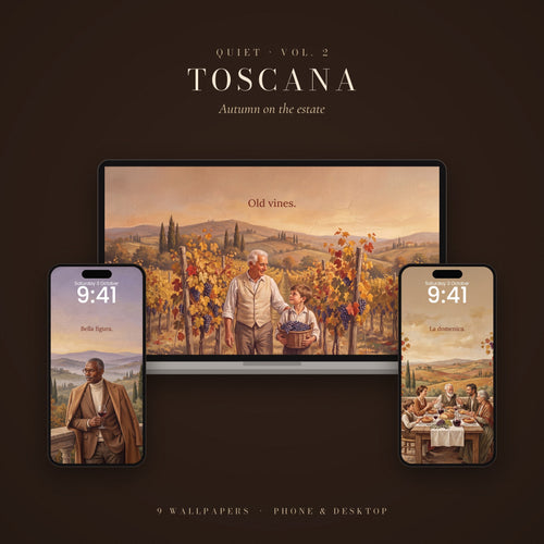 QUIET Vol. 2 – Toscana: wallpapers shown on a laptop and two phone lock screens