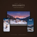 QUIET Vol. 3 – Dolomiti: wallpapers shown on a laptop and two phone lock screens