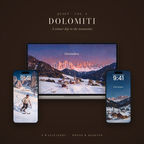 QUIET Vol. 3 – Dolomiti: wallpapers shown on a laptop and two phone lock screens