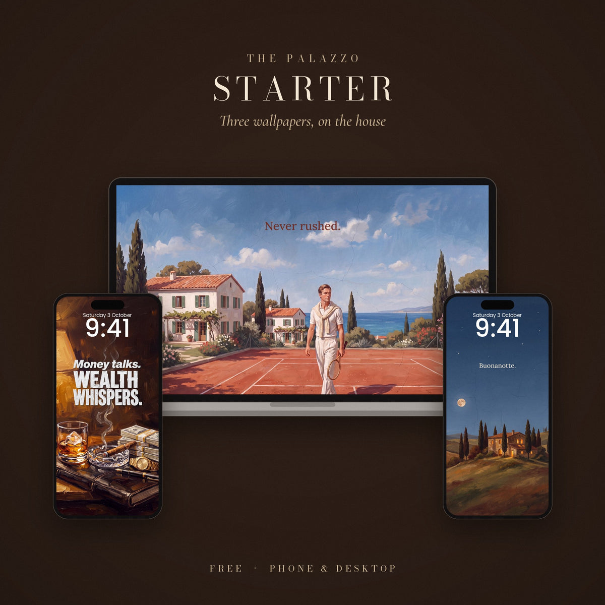 The Palazzo Starter: wallpapers shown on a laptop and two phone lock screens