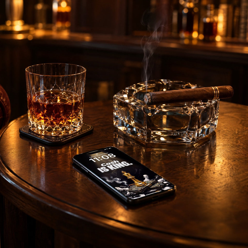A phone on a side table in a cigar lounge, lock screen with Cash is king from AMBITION Vol. 2