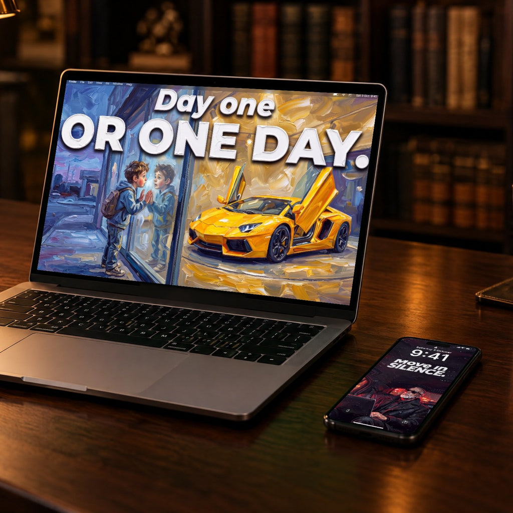 A laptop and a phone in a private study at night, showing Day one and Move in silence from AMBITION Vol. 2