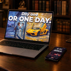 A laptop and a phone in a private study at night, showing Day one and Move in silence from AMBITION Vol. 2