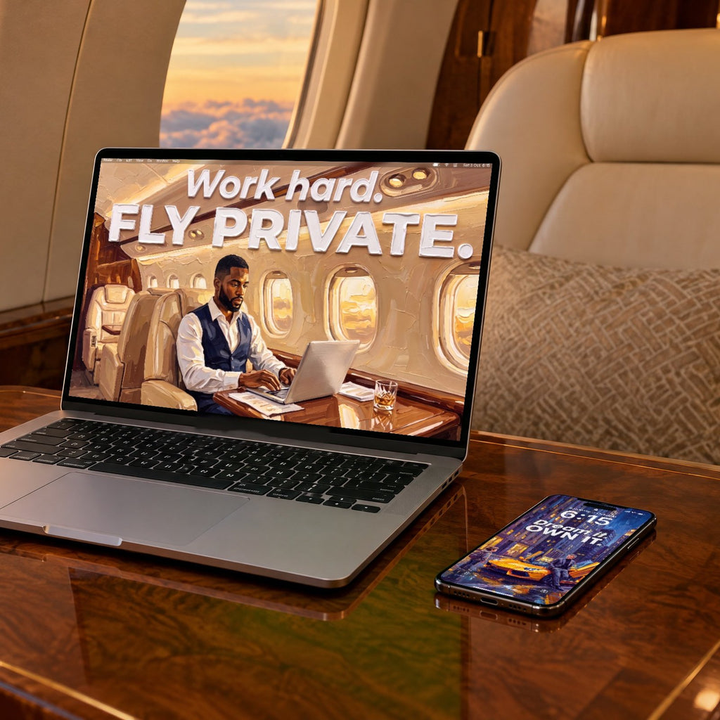 A laptop and a phone in a private jet cabin, showing Work hard, fly private and Dream it, own it from AMBITION Vol. 3