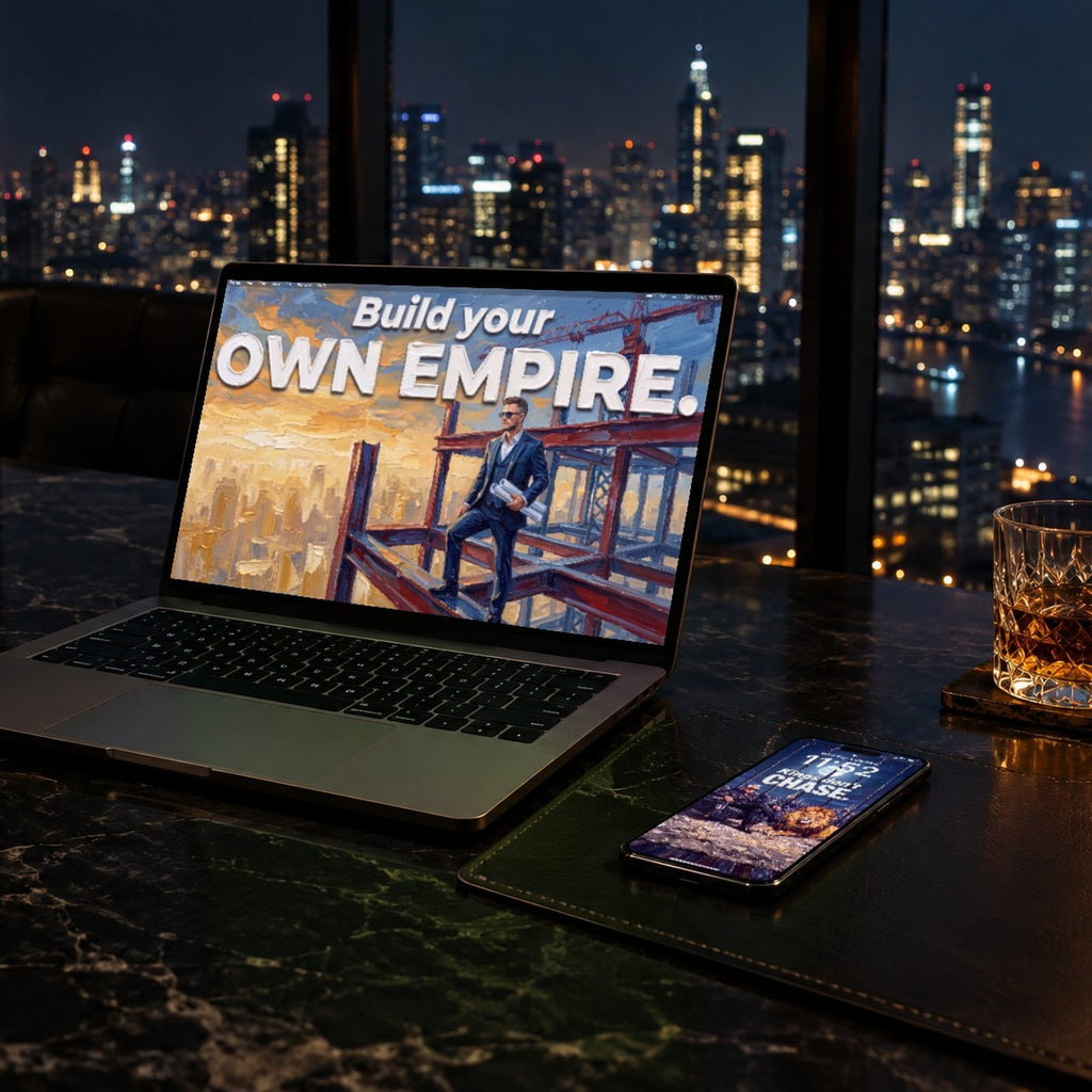 A laptop and a phone in a penthouse office at night, showing Build your own empire and Kings don't chase from AMBITION Vol. 3