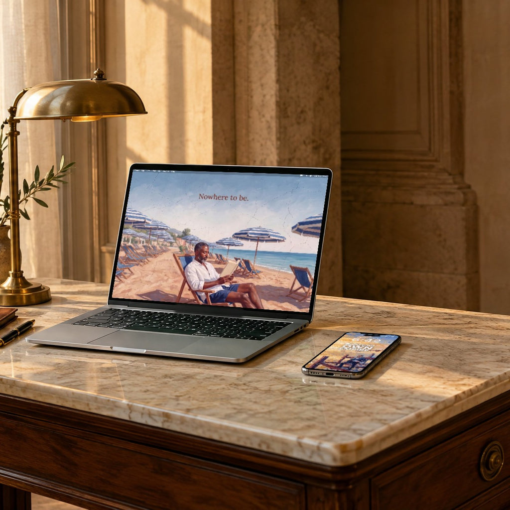 A writing desk in an Italian palazzo at golden hour, a laptop showing Nowhere to be from QUIET and a phone showing Build your own empire from AMBITION