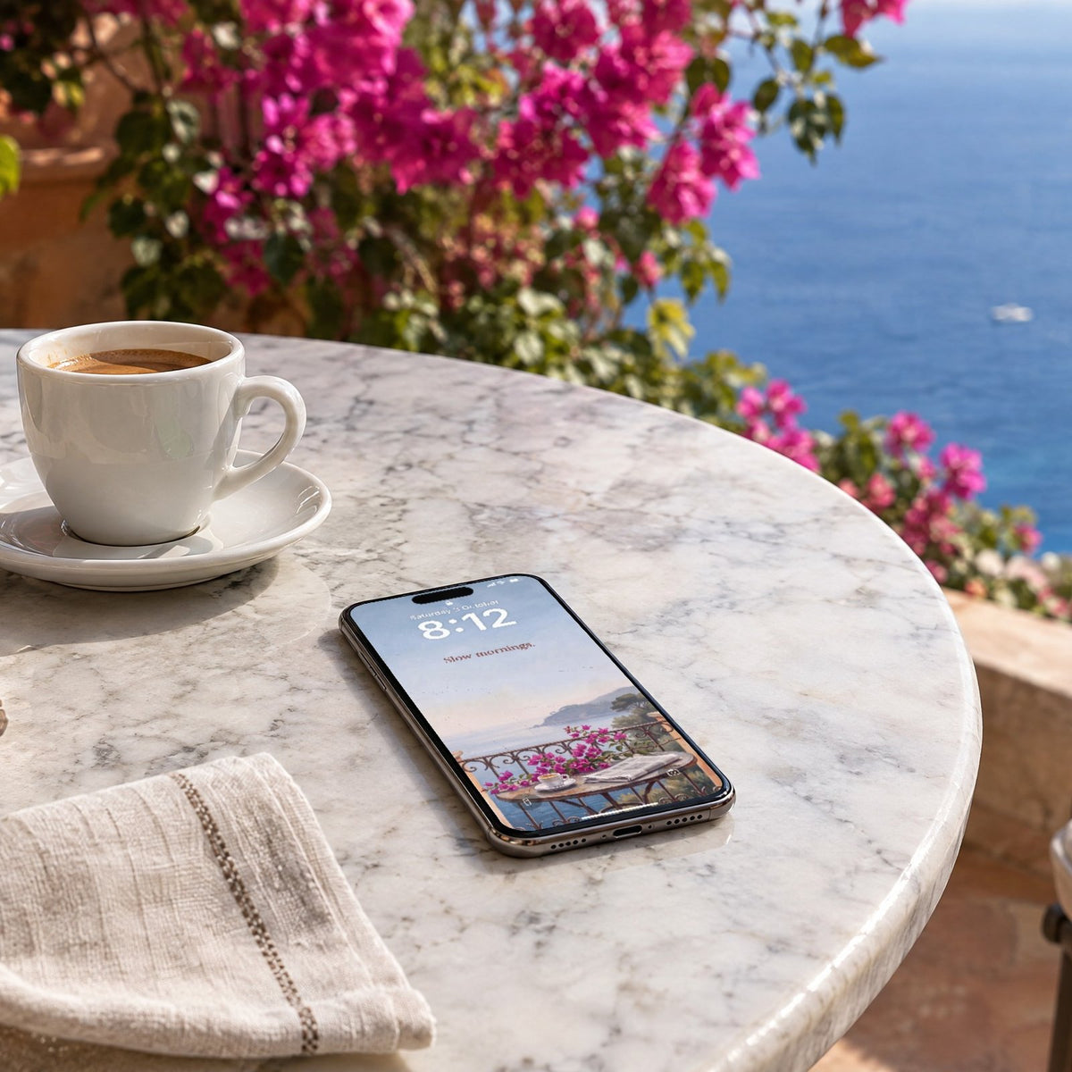 A phone on a marble café table on the Riviera, lock screen with Slow mornings from QUIET Vol. 1