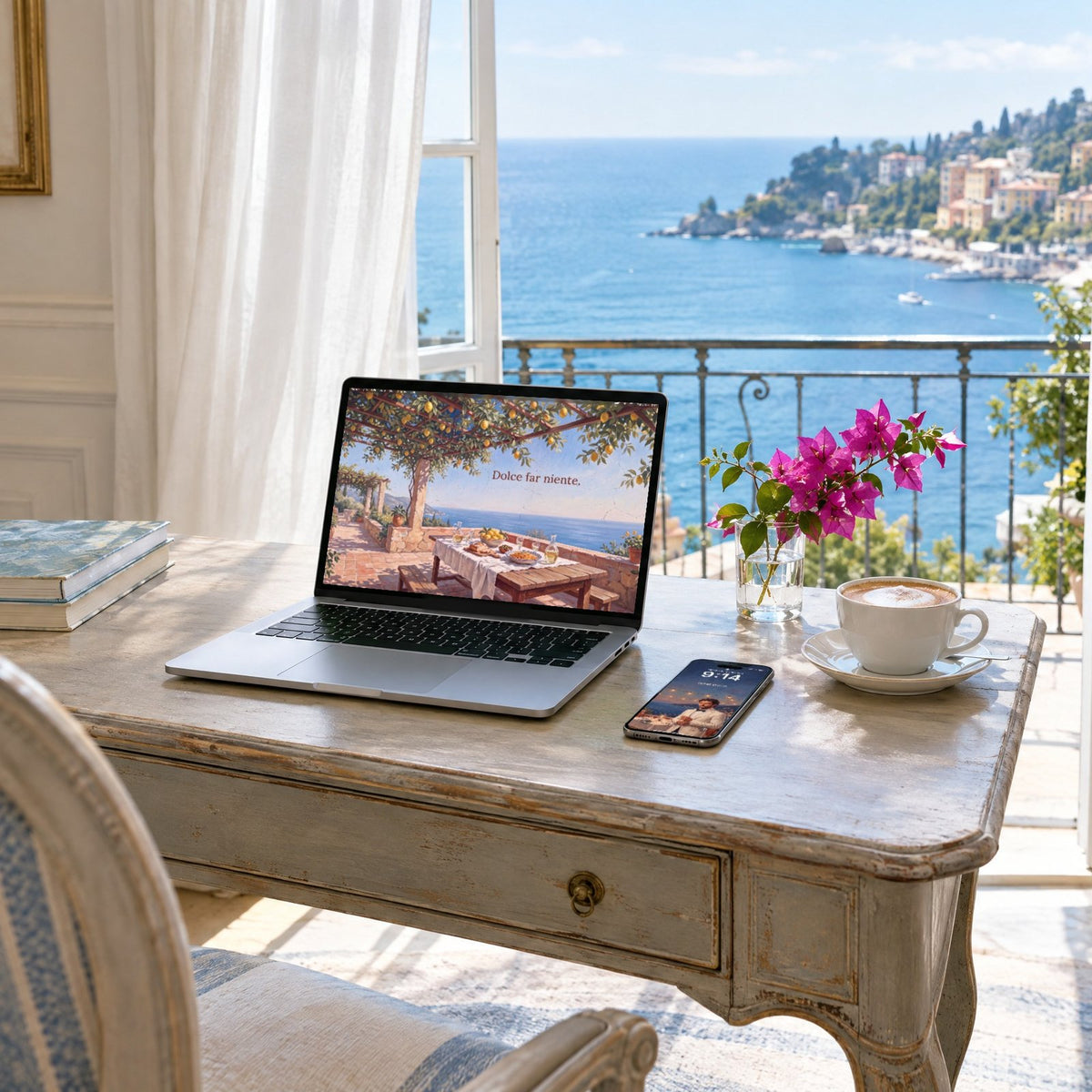 A laptop and a phone in a Riviera hotel suite, showing Dolce far niente and Sprezzatura from QUIET Vol. 1