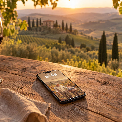 A phone on a farmhouse table in Tuscany at sunset, lock screen with Old vines from QUIET Vol. 2