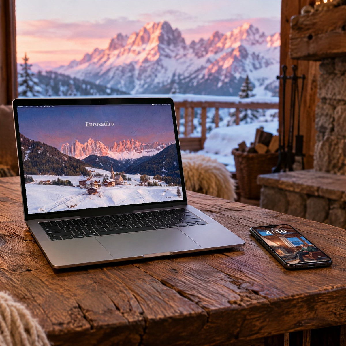 A laptop and a phone in an alpine chalet, showing Enrosadira and Stay a while from QUIET Vol. 3