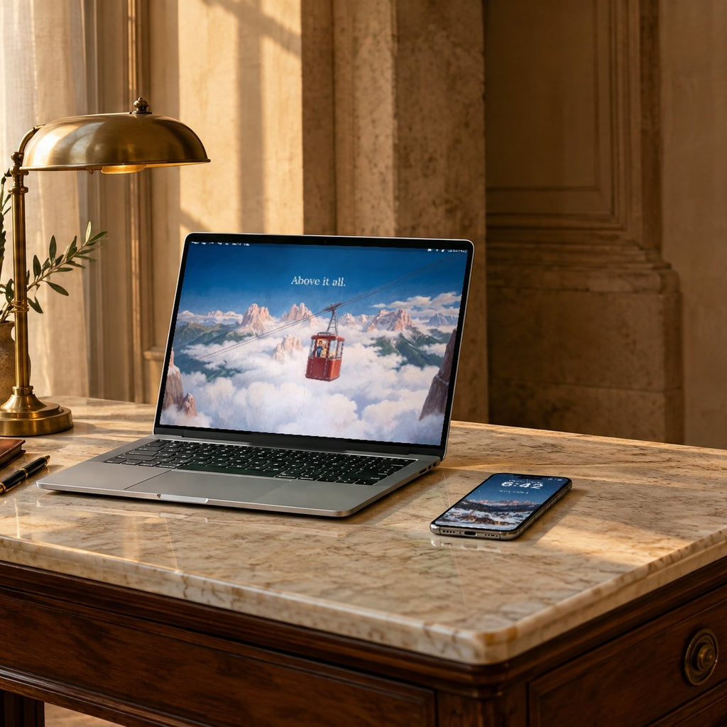 A laptop and a phone on a palazzo desk, showing Above it all and Notte stellata from QUIET Vol. 3