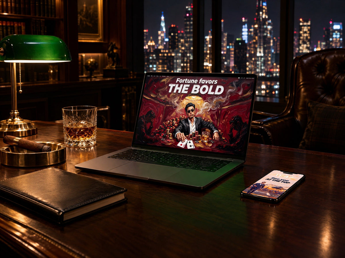 A laptop and a phone on a walnut desk in a members club at night, showing AMBITION wallpapers