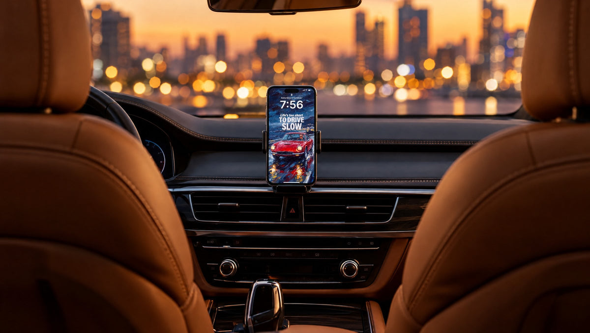 A phone in a car mount at dusk, lock screen with Life's too short to drive slow from AMBITION Vol. 1