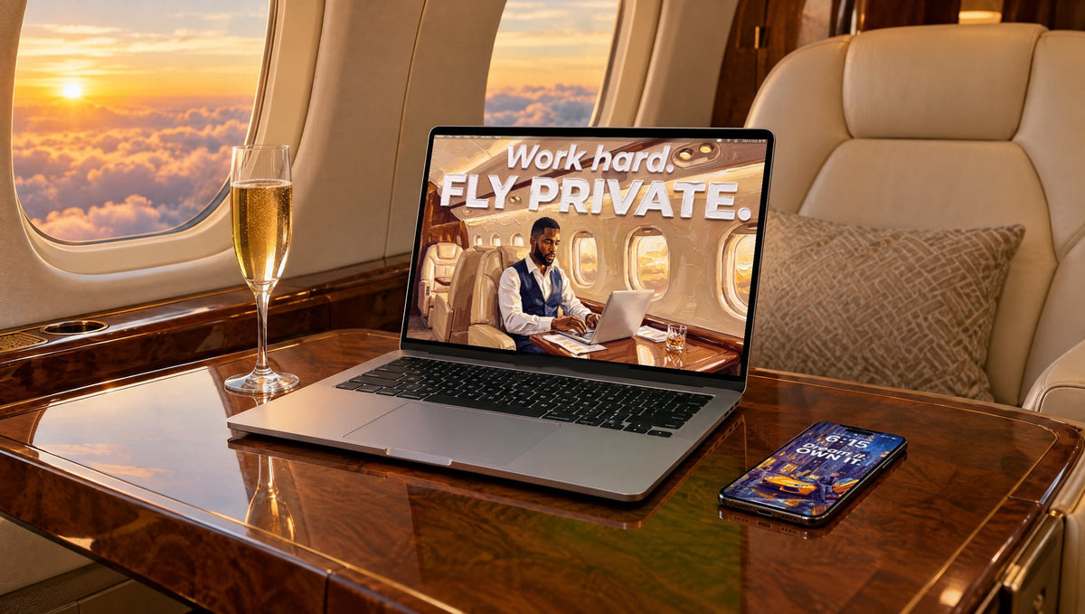 A laptop and a phone in a private jet cabin, showing Work hard, fly private and Dream it, own it from AMBITION Vol. 3