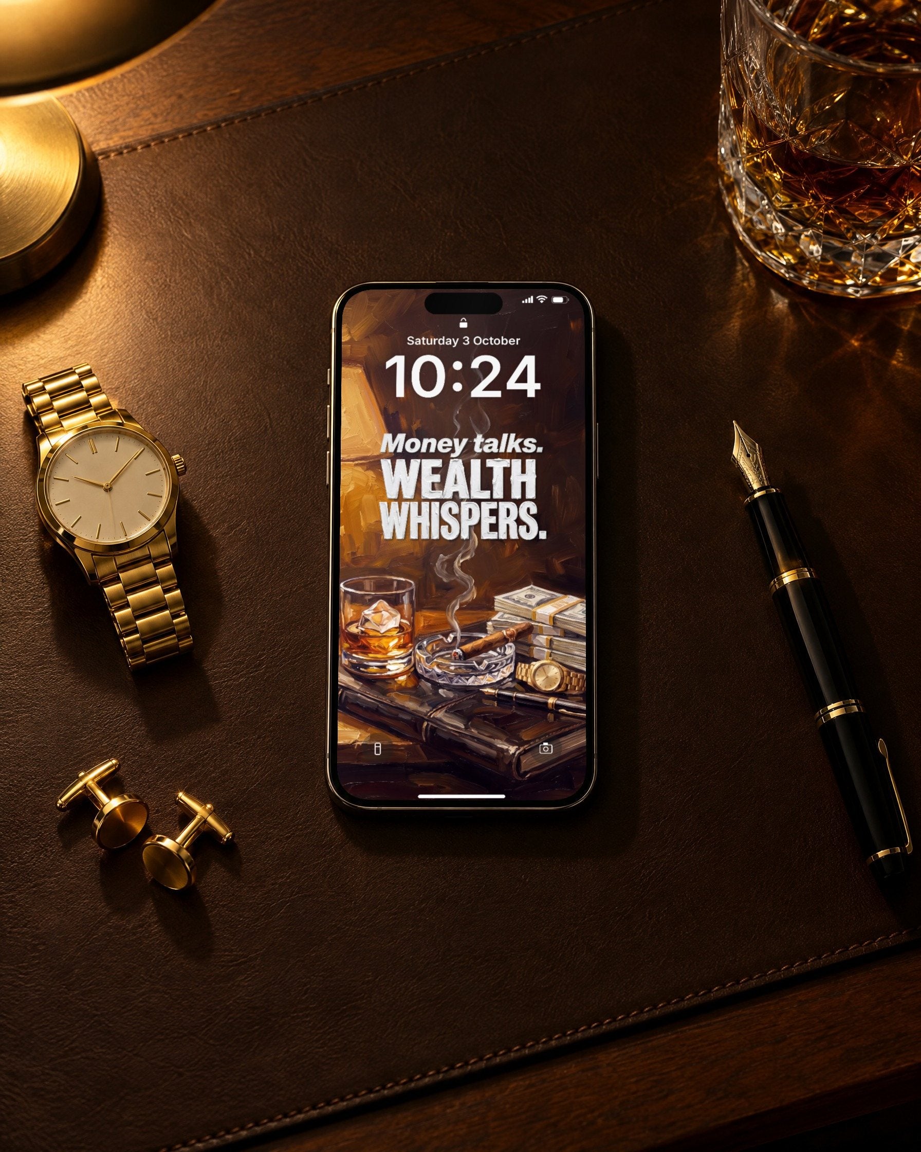 A phone on a leather desk pad with a gold watch, lock screen with Money talks, wealth whispers from AMBITION Vol. 1