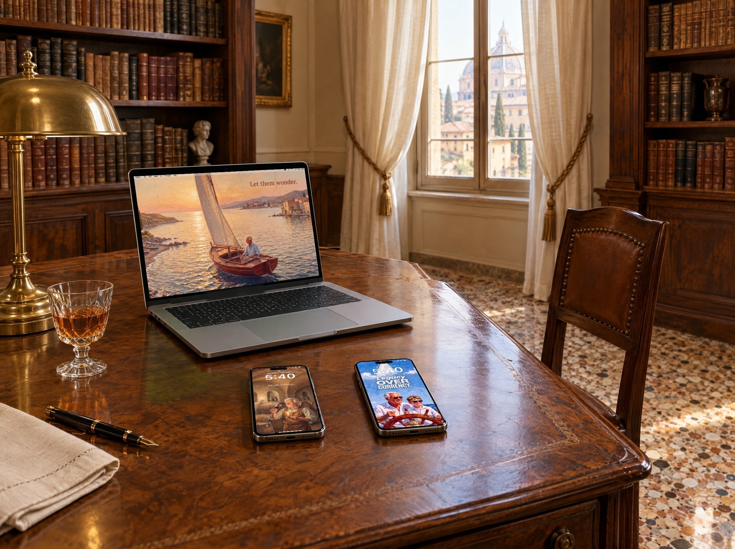 A laptop and two phones on a walnut desk in a palazzo library, showing Let them wonder and Better with age from QUIET and Legacy over currency from AMBITION