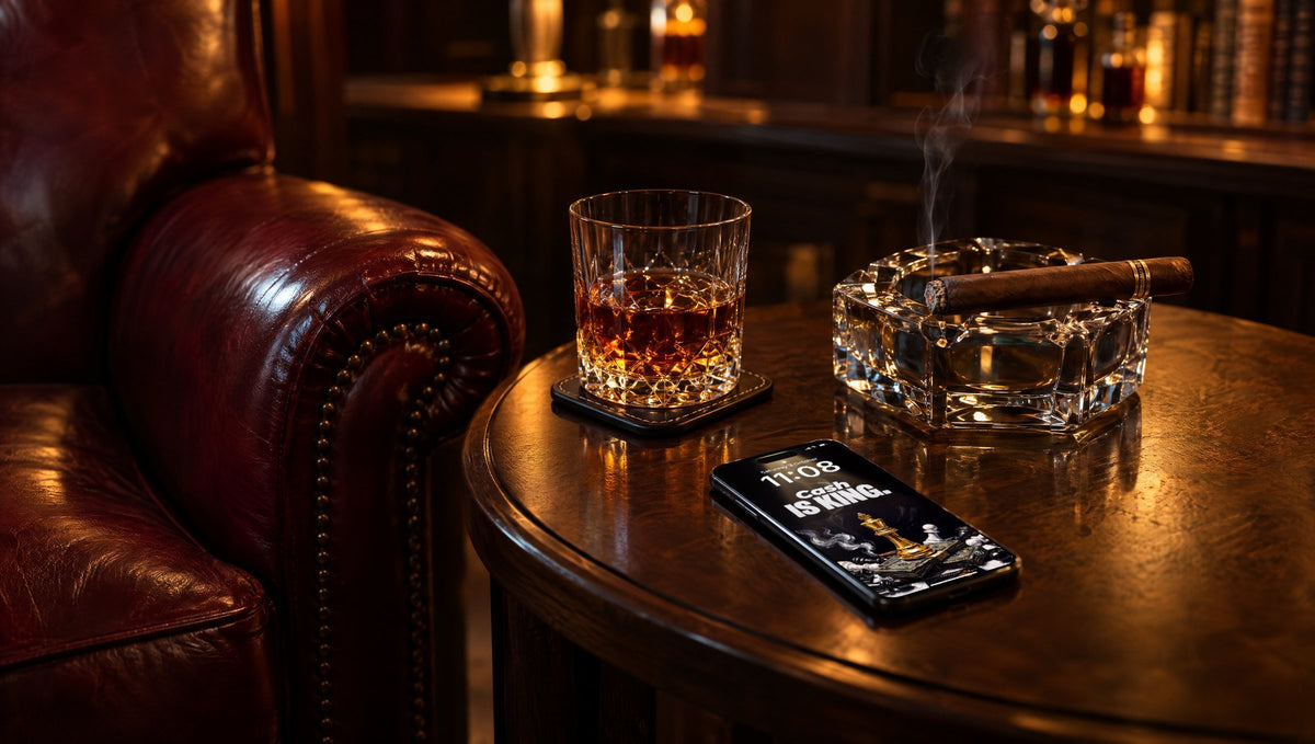 A phone on a side table in a cigar lounge, lock screen with Cash is king from AMBITION Vol. 2