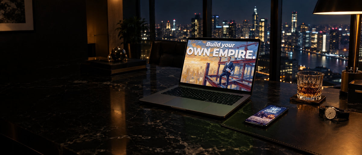 A laptop and a phone in a penthouse office at night, showing Build your own empire and Kings don't chase from AMBITION Vol. 3