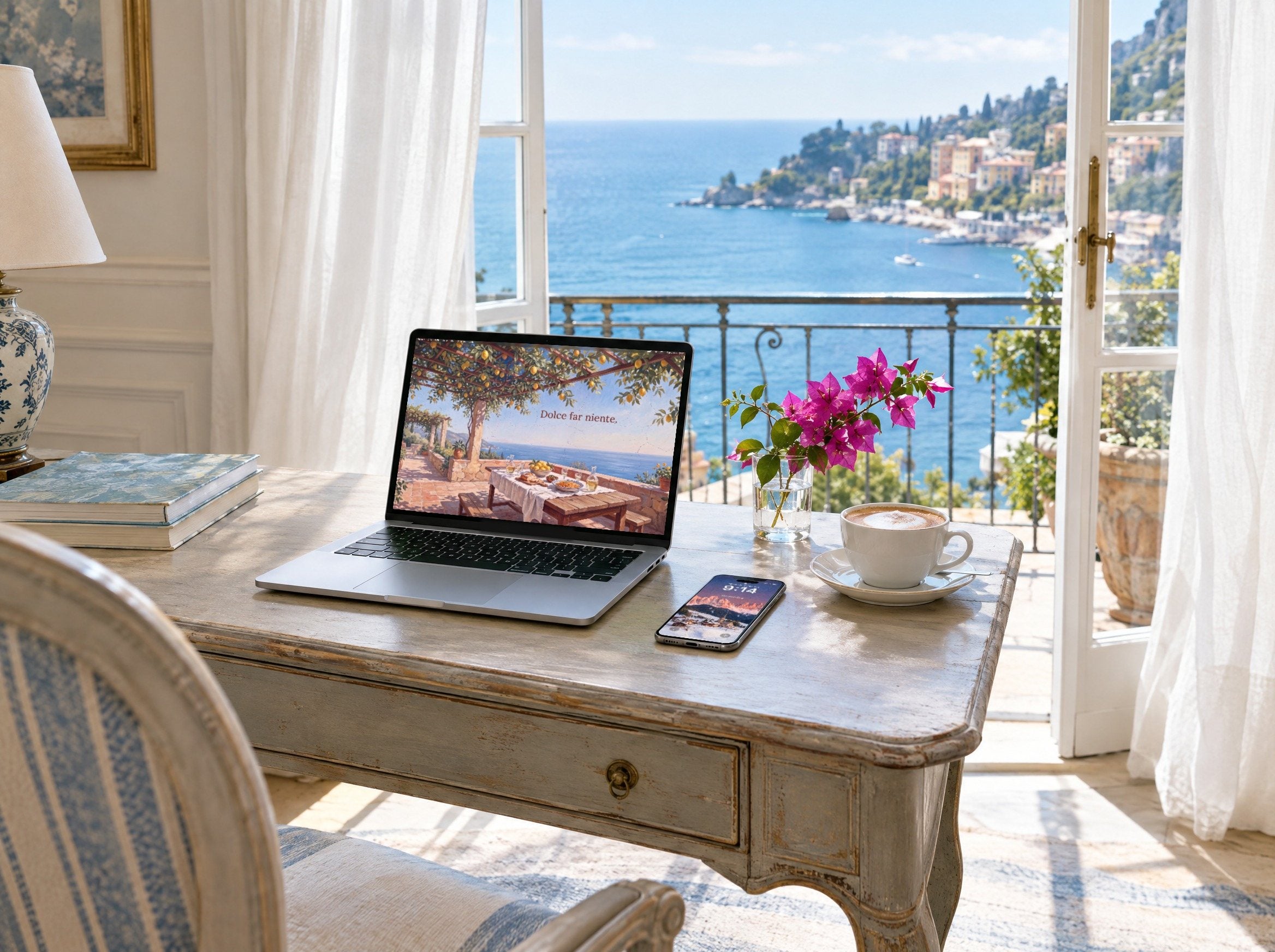 A laptop and a phone on a writing desk in a Riviera hotel suite, showing QUIET wallpapers