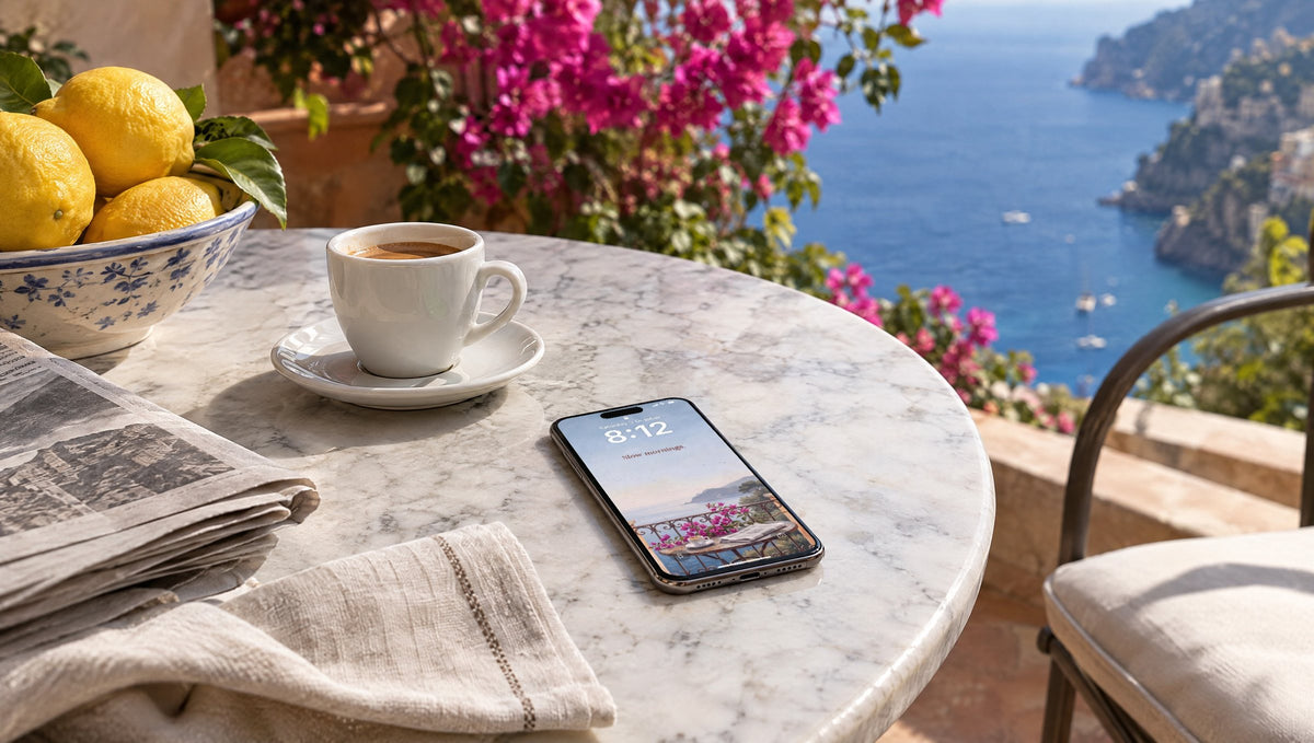 A phone on a marble café table on the Riviera, lock screen with Slow mornings from QUIET Vol. 1