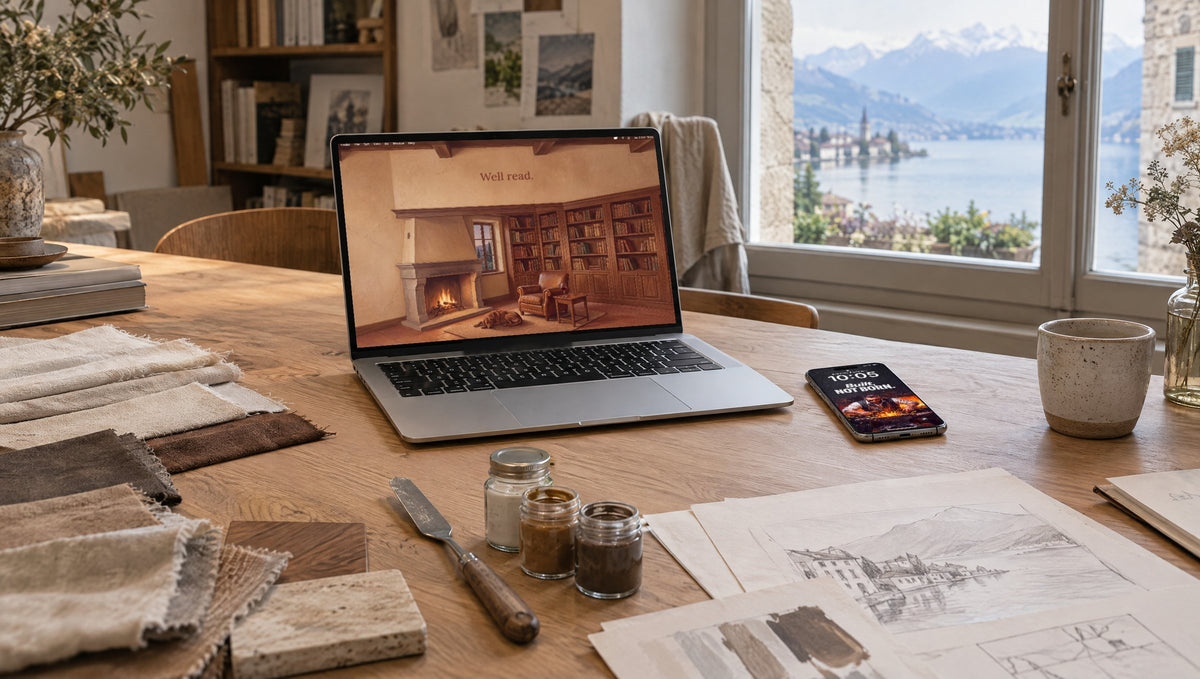 A laptop and a phone in a calm design studio in Thun, showing a QUIET and an AMBITION wallpaper