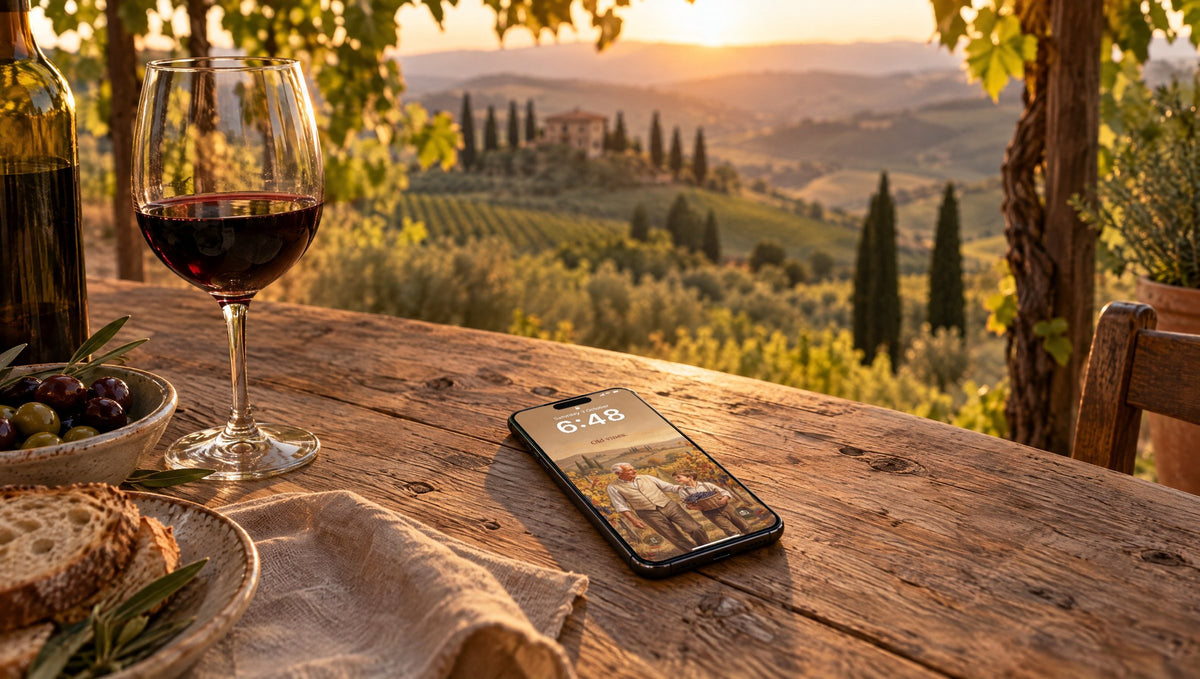 A phone on a farmhouse table in Tuscany at sunset, lock screen with Old vines from QUIET Vol. 2